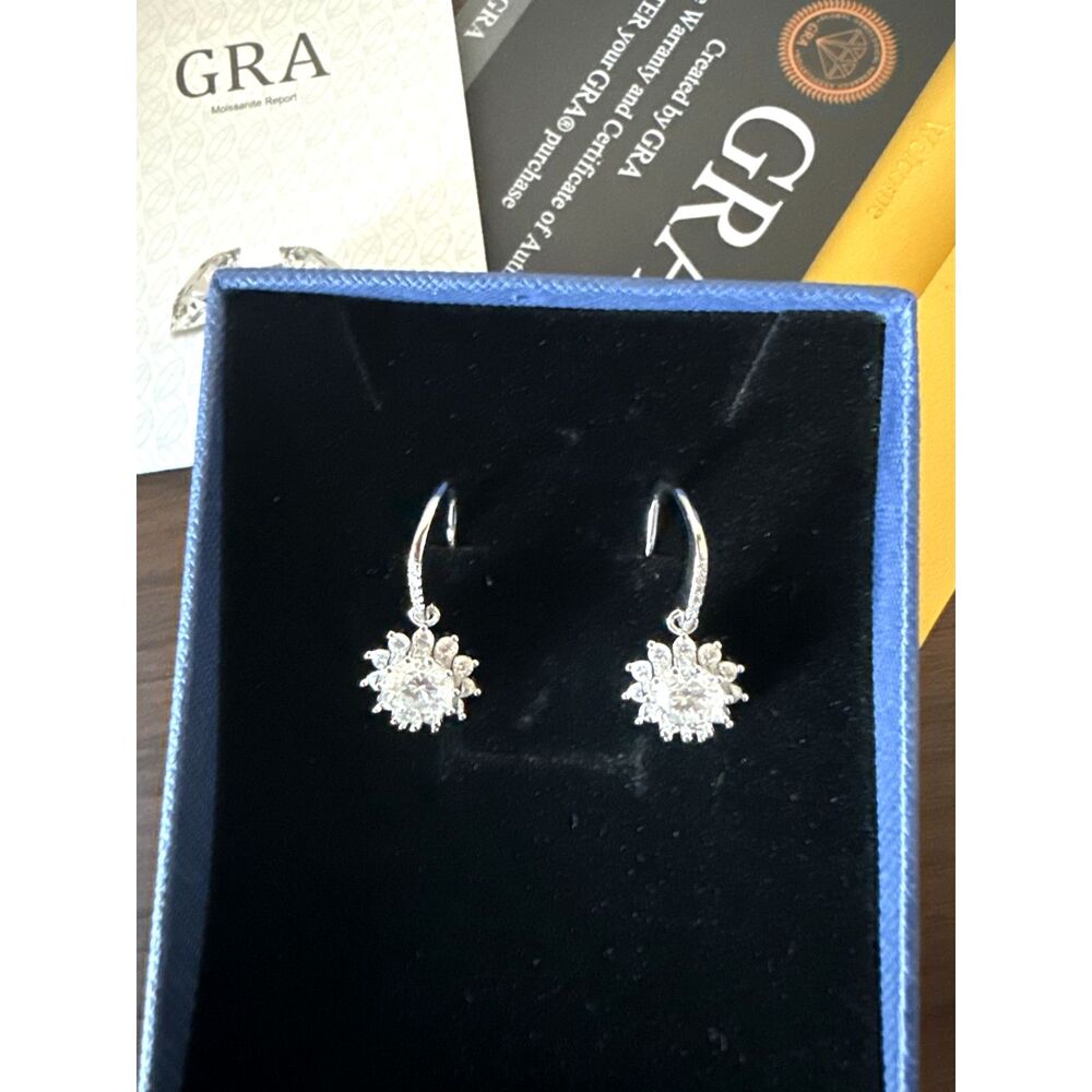 Moissanite 2 CTW Halo Drop Earrings 18K White Gold S925